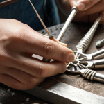 **Close-up of hands meticulously crafting a silver necklace with delicate tools in a bright, organized workshop. Focus on the detail of the jewelry and the artisan's focused expression.**