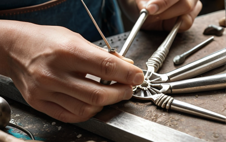 **Close-up of hands meticulously crafting a silver necklace with delicate tools in a bright, organized workshop. Focus on the detail of the jewelry and the artisan's focused expression.**