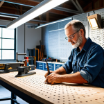 A professional metalworker, fully clothed in modest work attire, meticulously working at a well-lit workbench in a modern, organized metalworking studio. Abundant natural light streams through large windows, complemented by bright overhead LED lighting and focused task lamps. Tools are neatly arranged on wall-mounted pegboards and in modular storage units, creating an efficient workspace. The scene captures the tranquility and precision of craftsmanship. Professional photography, high quality, sharp focus, vibrant colors, perfect anatomy, correct proportions, natural pose, well-formed hands, proper finger count, natural body proportions, safe for work, appropriate content, family-friendly.