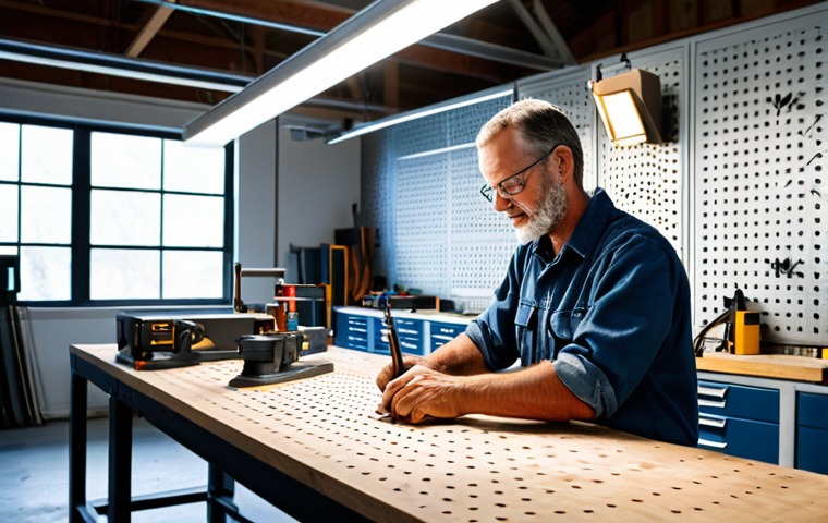 A professional metalworker, fully clothed in modest work attire, meticulously working at a well-lit workbench in a modern, organized metalworking studio. Abundant natural light streams through large windows, complemented by bright overhead LED lighting and focused task lamps. Tools are neatly arranged on wall-mounted pegboards and in modular storage units, creating an efficient workspace. The scene captures the tranquility and precision of craftsmanship. Professional photography, high quality, sharp focus, vibrant colors, perfect anatomy, correct proportions, natural pose, well-formed hands, proper finger count, natural body proportions, safe for work, appropriate content, family-friendly.