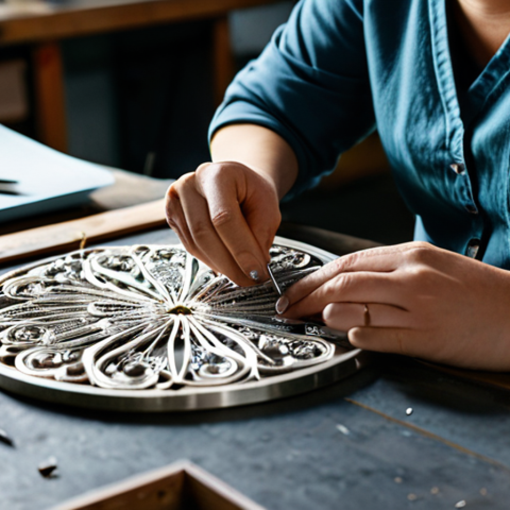 금속공예 창업 준비 - A fully clothed artisan meticulously crafting a delicate silver filigree pendant in a well-lit works...