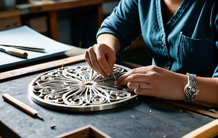 금속공예 창업 준비 - A fully clothed artisan meticulously crafting a delicate silver filigree pendant in a well-lit works...