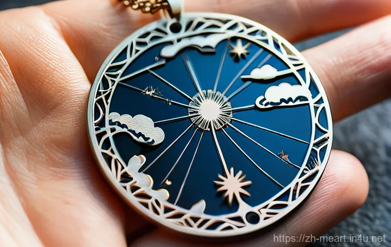 레이저 커팅 금속공예 - A close-up, highly detailed image of an intricately laser-cut stainless steel pendant, shaped like a...