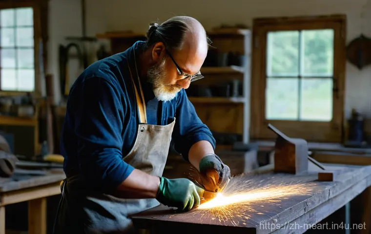 금속공예 작품 제작 과정 - **Focused Artisan in a Bright Workshop**
    A highly detailed, realistic photograph capturing a ski...