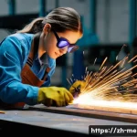 금속공예 가구 제작법 - **Prompt:** A brightly lit workshop scene featuring a young woman wearing safety glasses and gloves ...