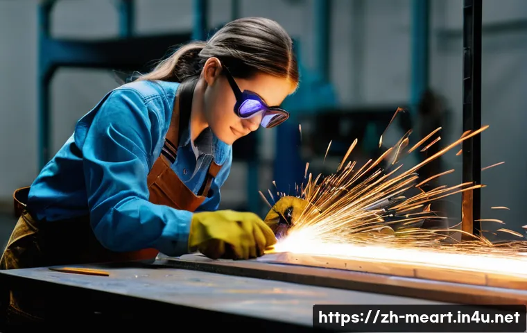 금속공예 가구 제작법 - **Prompt:** A brightly lit workshop scene featuring a young woman wearing safety glasses and gloves ...