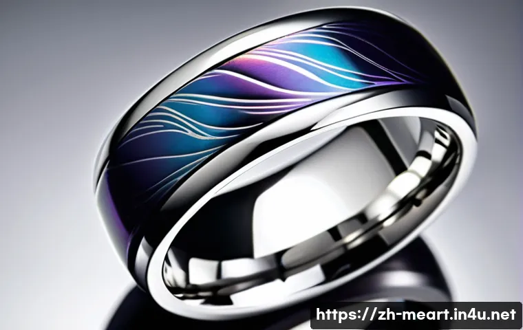 티타늄 공예 기술 - A sleek, modern titanium ring with a lightweight yet high-strength design, showcasing a smooth mirro...