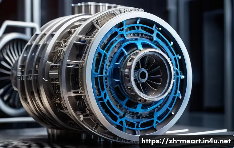 금속공예와 항공우주 산업 - A highly detailed futuristic aircraft engine component made from titanium alloy, showcasing intricat...