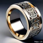 AI 기반 금속공예 디자인 - A futuristic metallic ring featuring intricate, complex geometric patterns automatically generated b...