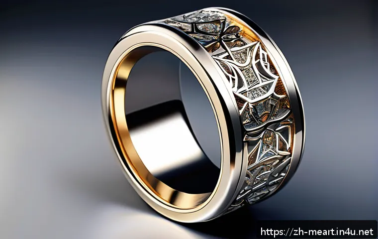 AI 기반 금속공예 디자인 - A futuristic metallic ring featuring intricate, complex geometric patterns automatically generated b...