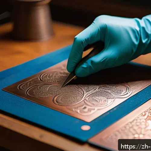 에칭 기법 활용법 - A detailed close-up of an artisan&rsquo;s workspace for metal etching, featuring sharp engraving tools inc...