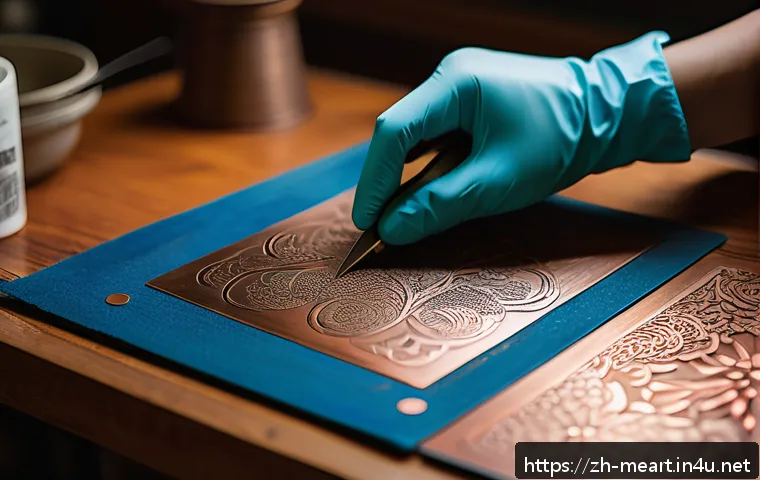 에칭 기법 활용법 - A detailed close-up of an artisan&rsquo;s workspace for metal etching, featuring sharp engraving tools inc...