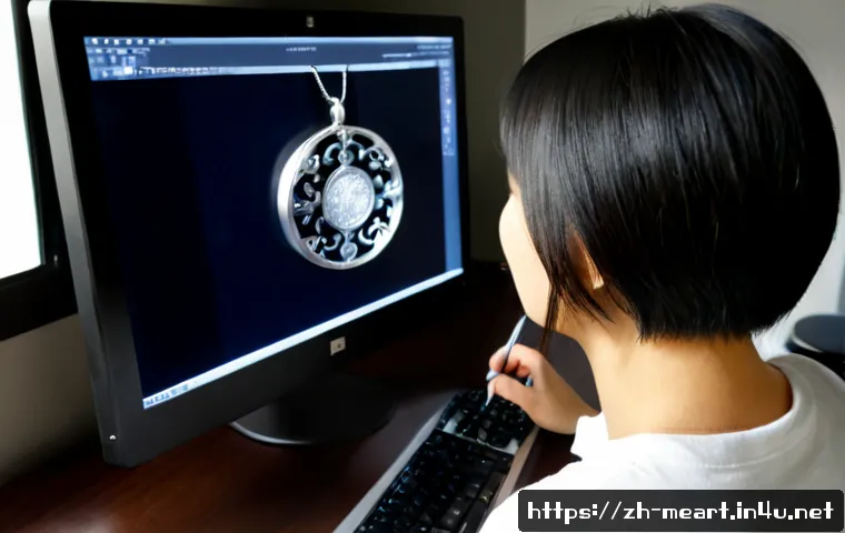 금속공예 CAD 설계법 - Photorealistic jewelry designer at a clean modern workstation, using a stylus on a large monitor dis...