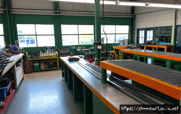 금속공예 공방 위치 선정 - Photorealistic wide-angle view of a bright street-level metal craft workshop in a walkable creative ...